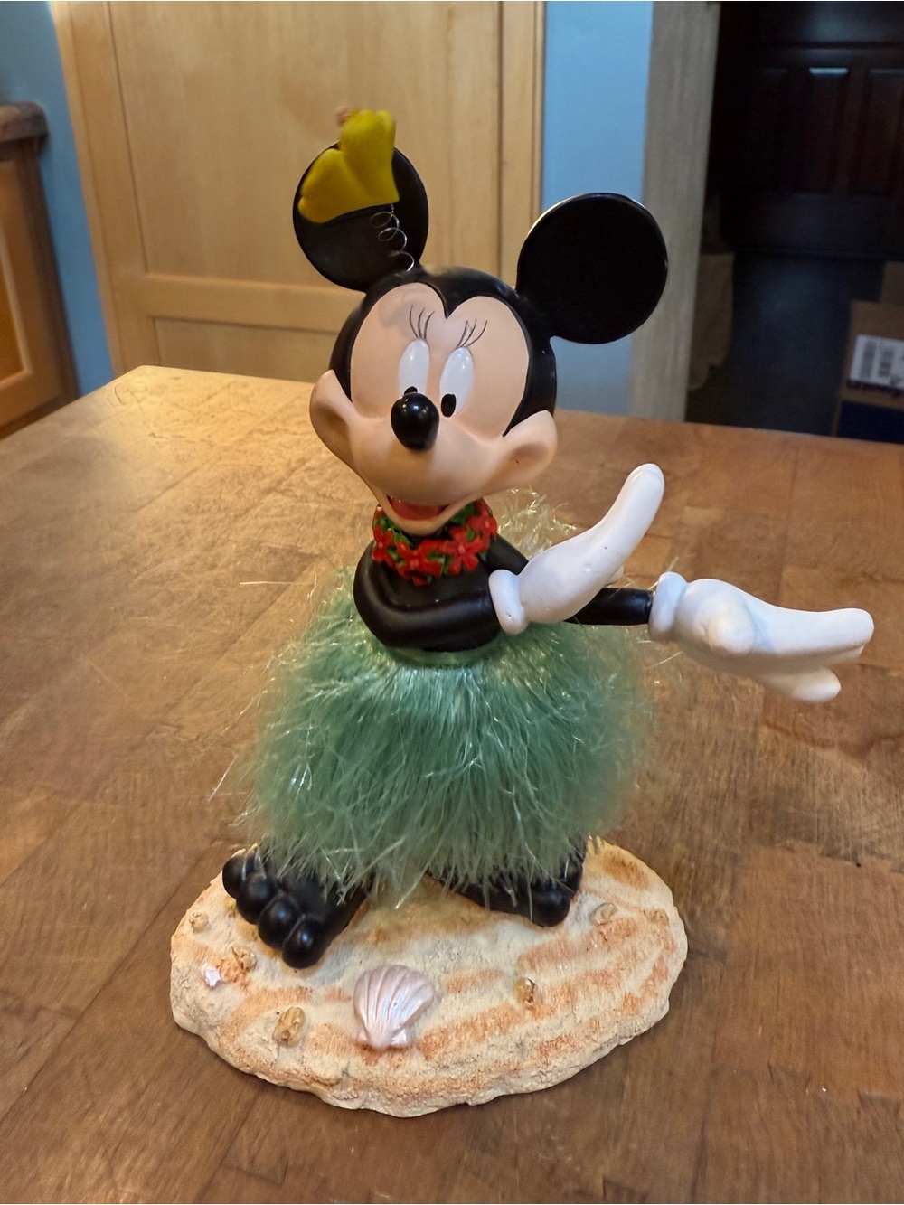 Disney Morning Minnie Mouse Hula Figurine with Green Skirt and Yellow Flower